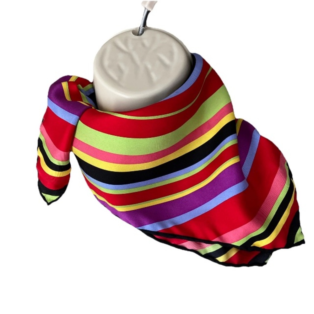 Audrey Talbott 100% Printed Silk Scarf Square Multicolor Striped Hand Roll Hem.